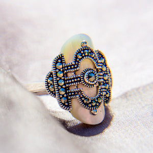 Marcasite and mother of pearl ring