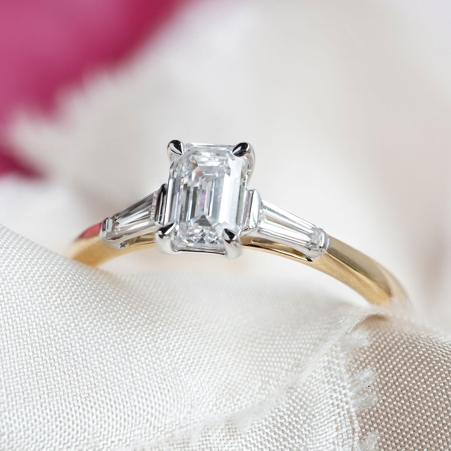 18ct Gold Emerald & Baguette Cut Diamond Engagement Ring