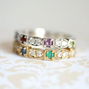 Heirloom birthstone rings with diamonds, ruby, amethyst, emerald and sapphire