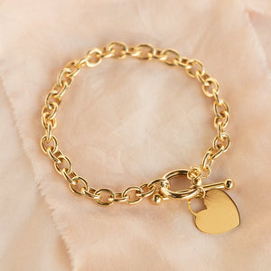 9ct gold belcher link bracelet with T-Bar clasp and heart shaped charm