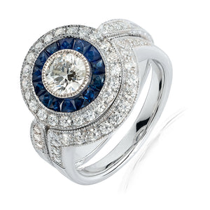18ct White Gold Sapphire and Diamond Target Ring & Matching Diamond Band