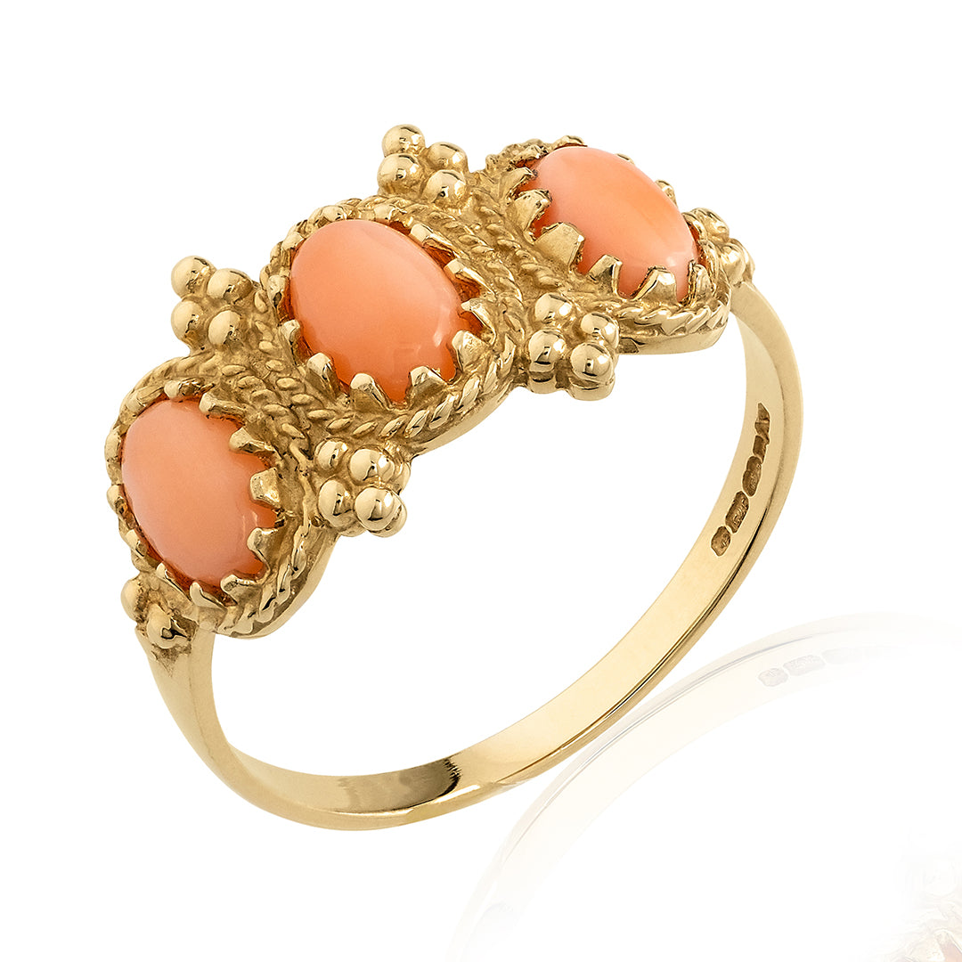 9ct gold three stone coral ring