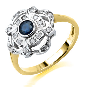 9ct Gold Sapphire & Diamond Vintage Style Ring
