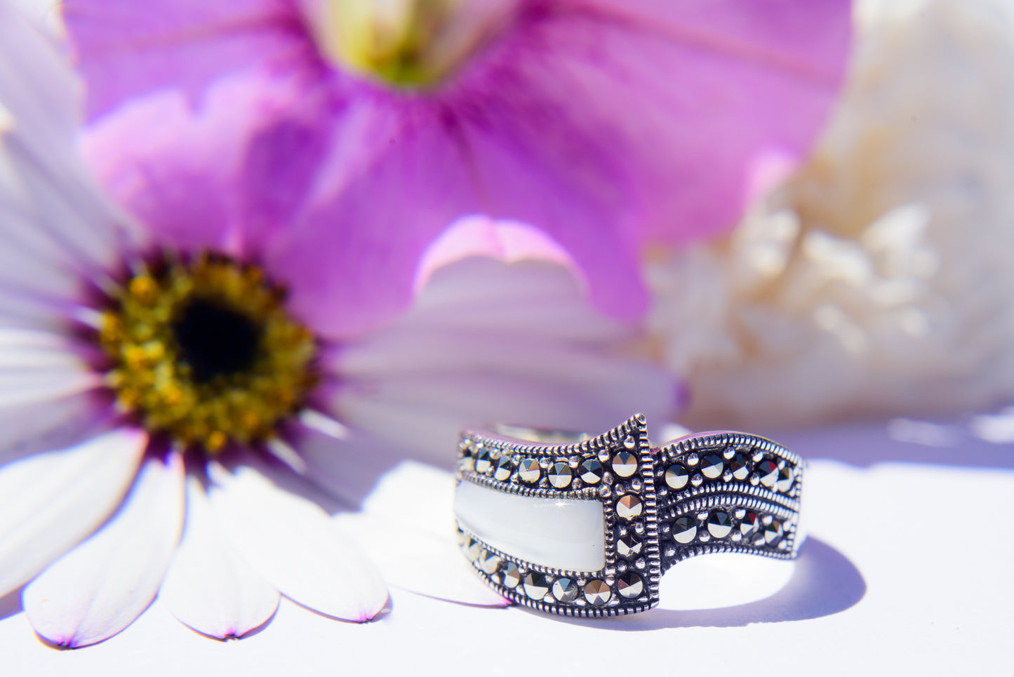 Mother of Pearl Marcasite Silver Ring
