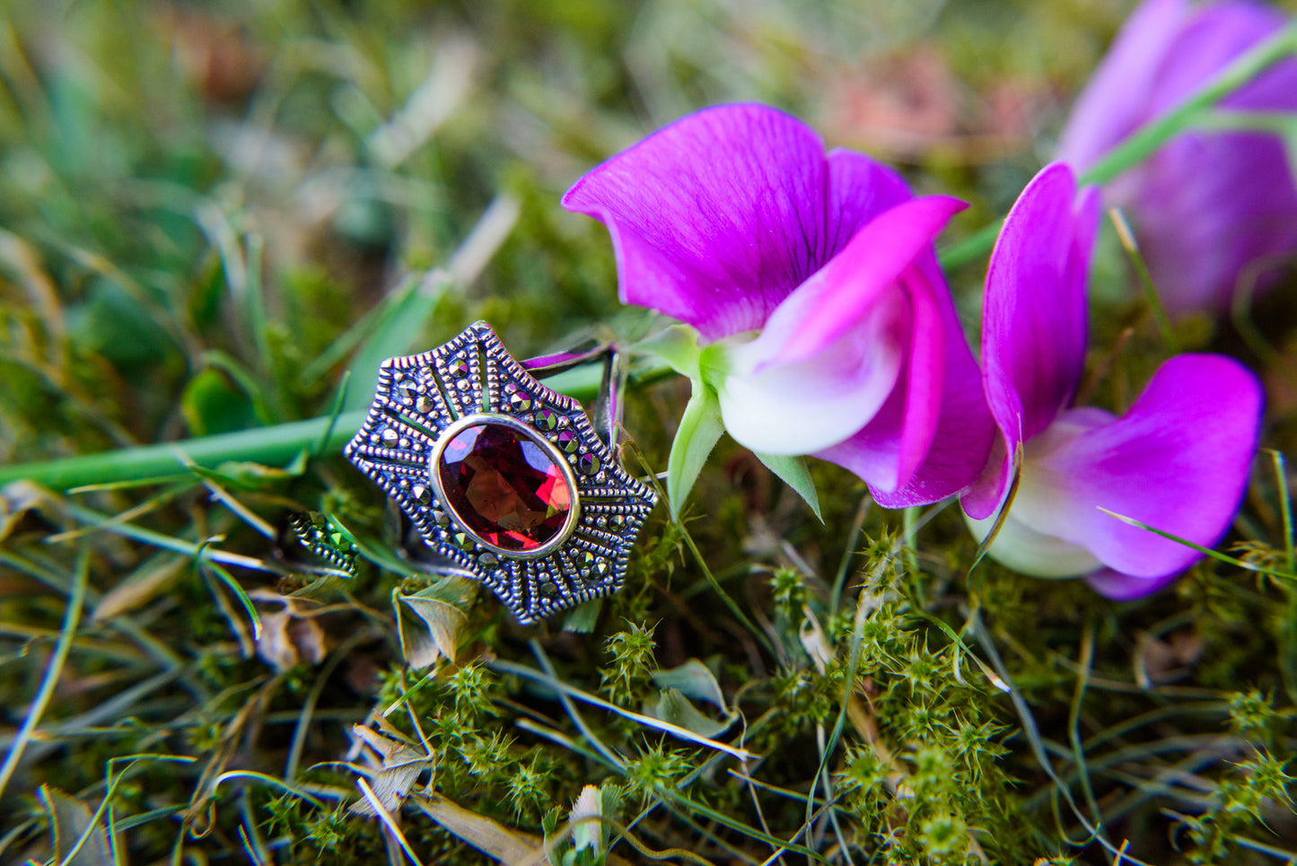 Garnet Marcasite Silver Ring