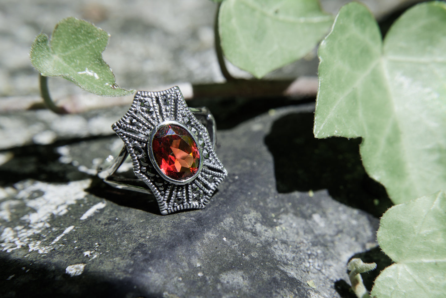 Garnet Marcasite Silver Ring