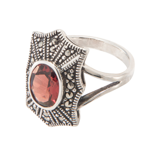 Garnet Marcasite Silver Ring