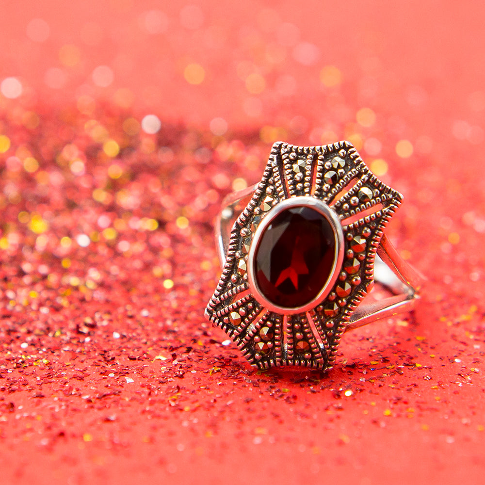 Garnet Marcasite Silver Ring