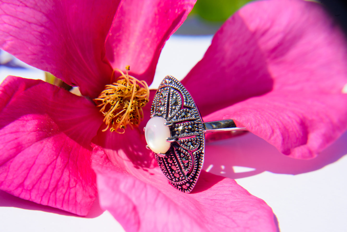 Mother of Pearl Marcasite Silver Ring