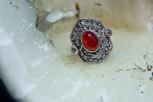 Red Agate Marcasite Silver Ring