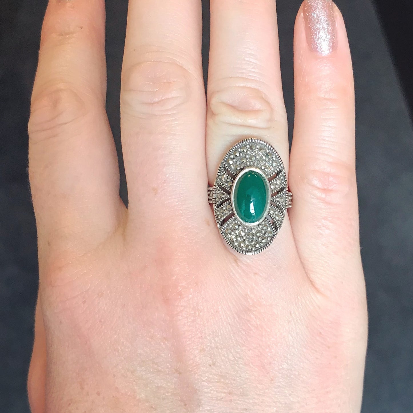 Green Agate Marcasite Silver Ring