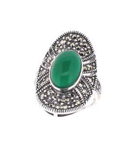 Green Agate Marcasite Silver Ring