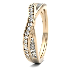 Round Brilliant and Baguette Cut Entwined Double Row Wedding Ring  18ct Yellow/Red/White Gold, also available in Platinum.  Diamond coverage 50%  Total Diamond Weight 0.25ct.