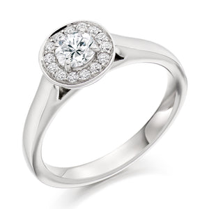 0.33ct Round Halo Diamond Engagement Ring with Plain Shoulders  Centre Diamond Weight: 0.33ct  Centre Stone Cut: Round Brilliant Cut  Diamond Weight on Halo: 0.15ct  Diamond Cut on Halo: Round Brilliant Cut  Total Diamond Weight: 0.48ct  This ring is also available with Lab Grown Diamonds - contact us for further information.
