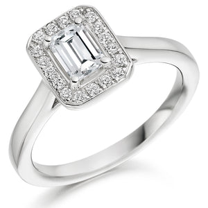 0.50ct Emerald Cut Diamond Engagement ring with a diamond halo surround and plain shoulders - Home Try-On (€4,995.00)