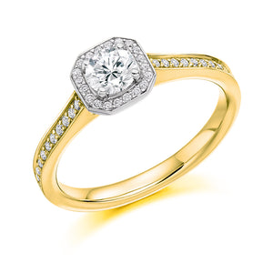 0.33ct Round Brilliant Cut Diamond Engagement Ring in Halo Setting with Diamond Set Shoulders.  Centre Diamond Weight: 0.33ct   Centre Stone Cute: Round Brilliant Cut   Diamond Weight on Halo/Shoulders: 0.20ct  Total Diamond Weight 0.53ct  Available in Yellow Gold, Rose Gold, White Gold and Platinum.  Note:  This ring is made to order and lead time is 6 weeks.  This ring is also available with Lab Grown Diamonds - contact us for further information.