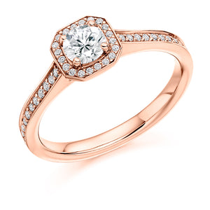 0.33ct Round Brilliant Cut Diamond Engagement Ring in Halo Setting with Diamond Set Shoulders.  Centre Diamond Weight: 0.33ct   Centre Stone Cut: Round Brilliant Cut   Diamond Weight on Halo/Shoulders: 0.20ct  Total Diamond Weight 0.53ct  Available in Yellow Gold, Rose Gold, White Gold and Platinum.  Note:  This ring is made to order and lead time is 6 weeks.  This ring is also available with Lab Grown Diamonds - contact us for further information.