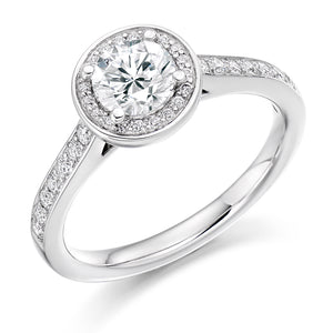 0.50ct Round Brilliant Cut Diamond Centre Stone. .30ct Round Brilliant cut diamonds on the halo- .80ct in total.