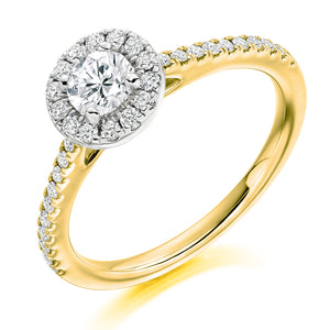 0.33ct Round Brilliant Cut Diamond Halo Engagement ring with Diamond Set Shoulders  Centre Stone: 0.33ct  Centre Stone Cut: Round Brilliant Cut  Diamond Weight on Halo/Shoulders: 0.30ct  Total Diamond Weight: 0.63ct  Note:  This ring is made to order and lead time is 6 weeks.  This ring is also available with Lab Grown Diamonds - contact us for further information.