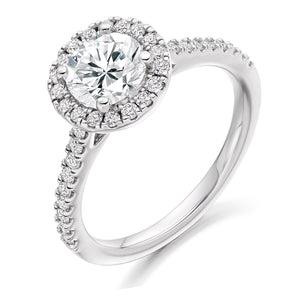 0.90ct Round Brilliant Cut Diamond Halo With Diamond Set Shoulders Engagement Ring- Home Try-On (€12,050.00)
