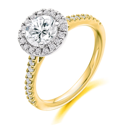0.75ct Round Brilliant Cut Diamond Engagement ring with Halo surround and Diamond Set Shoulders  Centre Diamond Weight: 0.75ct  Centre Stone Cut: Round Brilliant  Diamond Weight on Halo/Shoulders: 0.35ct  Diamond Cut on Shoulders: Round Brilliant  Total Diamond Weight: 1.10ct  Note:  This ring is made to order and lead time is 6 weeks.