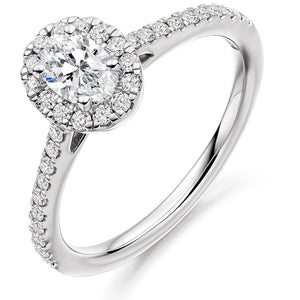 0.40ct Oval Cut Diamond Halo Surround Engagement Ring with Diamond Shoulders  Centre Diamond Weight: 0.40ct  Centre Stone Cut: Oval Cut  Diamond Weight on Halo/Shoulders: 0.35ct  Total Diamond Weight: 0.75ct  This ring is also available with Lab Grown Diamonds - contact us for further information.  Note:  This ring is made to order and lead time is 6 weeks.