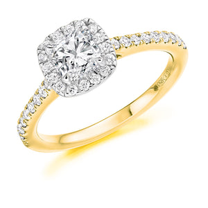 0.70ct Cushion Cut Diamond Engagement ring with Halo and Diamond set Shoulders  Centre Diamond Weight: 0.75ct  Centre Stone Cut: Cushion Cut  Diamond Cut on Shoulders: Round Brilliant Cut  Diamond Weight on Halo/Shoulders: 0.40ct  Total Diamond Weight: 1.15ct  This ring is also available with Lab Grown Diamonds - contact us for further information.