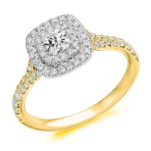 0.33ct Double Halo Engagement ring with Split Diamond Set Shoulders  Centre Diamond Weight: 0.33ct  Centre Stone Cut: Cushion Cut   Diamond Weight on Halo/Shoulders: 0.50ct  Diamond Cut on Shoulders: Round Brilliant Cut  Total Diamond Weight: 0.83ct  This ring is also available with Lab Grown Diamonds - contact us for further information.  Note:  This ring is made to order and lead time is 6 weeks.