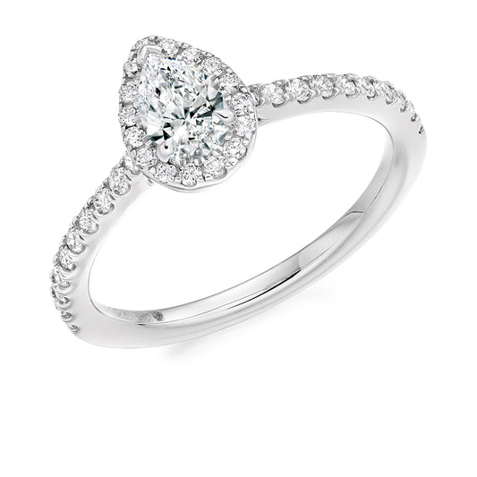 0.33ct Pear Cut Diamond Engagment ring with Halo with Diamond Set Shoulders  Centre Diamond Weight: 0.33ct   Centre Stone Cut: Pear Cut  Diamond Weight on Halo/Shoulders: 0.35ct  Diamond Cut on Shoulders: Round Brilliant Cut  Total Diamond Weight: 0.68ct  Available in Yellow Gold, Rose Gold, White Gold and Platinum.