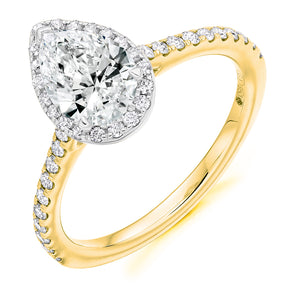 0.75ct Pear Cut Centre Stone. 0.35ct Diamond on Surround / Shoulders. Halo with Diamond Set Shoulders. 18ct Gold.