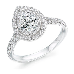 0.50ct Pear Cut Double Halo Enggement ring with Diamond Set Split Shoulders.  Centre Diamond Weight: 0.50ct  Centre Stone Cut: Pear Cut  Diamond Weight on Halo/Shoulders: 0.50ct  Available in Yellow Gold, Rose Gold, White Gold and Platinum.