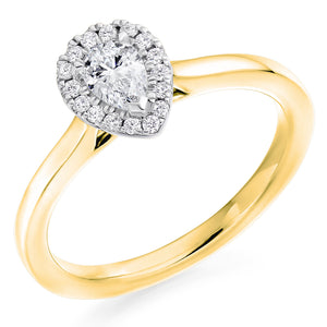 0.33ct Pear Cut Diamond Engagement ring with a Halo surround and Plain Shoulders  Centre Diamond Weight: 0.33ct  Centre Stone Cut: Pear  Diamond Cut on Halo: Round Brilliant Cut  Total Diamond Weight: 0.10ct  Total Diamond Weights: 0.43ct
