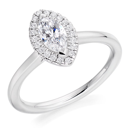 This Marquise Cut Halo Ring has a 0.50ct Marquise Cut centre diamond in a claw setting.  This is surrounded by a row of round brilliant cut diamonds totalling 0.15ct.  This gives total diamond weight of 0.65ct. 
