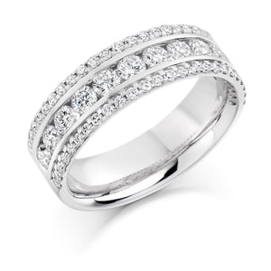 1.35ct Dual Set Round Brilliant Cut Diamond Eternity Ring  Setting - Micro-claw Set, Channel Set  Width of band - 6.30mm  Diamond Coverage - 50%