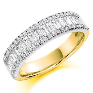 1.25ct Round Brilliant Cut and Baguette Cut Diamonds.  Setting - Channel Set, Micro-claw Set  Width of band - 5.60mm  Diamond Coverage - 50%  Note:  This ring is made to order and lead time is 6 weeks.