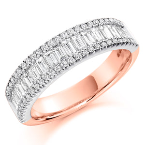 1.25ct Round Brilliant Cut and Baguette Cut Diamonds.  Setting - Channel Set, Micro-claw Set  Width of band - 5.60mm  Diamond Coverage - 50%  Note:  This ring is made to order and lead time is 6 weeks.