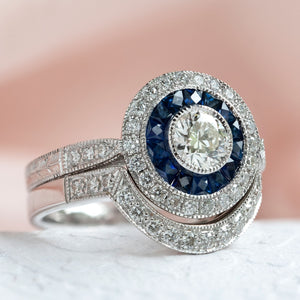 18ct White Gold Sapphire and Diamond Target Ring & Matching Diamond Band