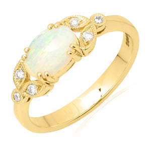 9ct Gold Oval Opal and Diamond Leaf Ring