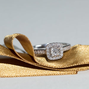 18ct White Gold Cushion Halo Diamond Ring.