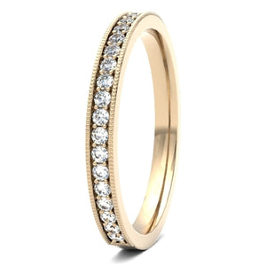 18ct 0.20ct Round Brilliant Cut Millgrain Channel set Wedding Ring  18ct Yellow/Red/White Gold, also available in Platinum.  Diamond coverage 50%  Total Diamond Weight 0.20ct.