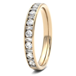 18ct 0.50ct Round Brilliant and Baguette Cut Diamonds in Channel Setting Wedding ring.  18ct Yellow/Red/White Gold, also available in Platinum.  Diamond coverage 50%  Total Diamond Weight 0.50ct.
