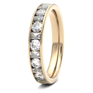 18ct 0.75ct Round Brilliant and Baguette Cut Diamonds in Channel Setting Wedding ring.  18ct Yellow/Red/White Gold, also available in Platinum.  Diamond coverage 50%  Total Diamond Weight 0.75ct.