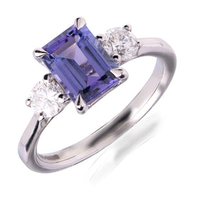 Emerald Cut Tanzanite and Diamond Ring in a Platinum Setting