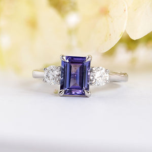 Emerald Cut Tanzanite and Diamond Ring in a Platinum Setting