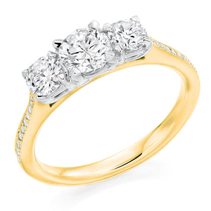 1.00ct Three Stone Engagement ring with Diamond Set Shoulders - Total Diamond Weight 1.15ct