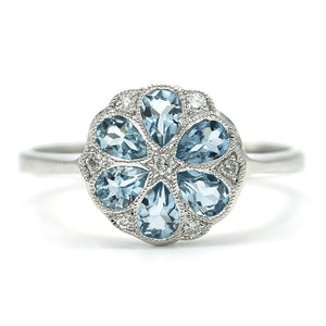 Floral cluster aquamarine and diamond ring